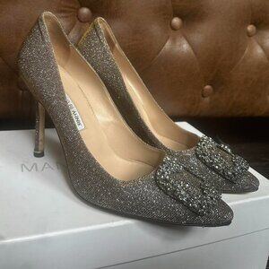 Manolo Blahnik silver glitter high heels